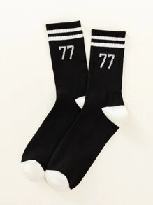 1 par de calcetines de media pantorrilla a rayas digitales negros para hombres, simples y de moda, para todas las estaciones - Negro - Ver 2