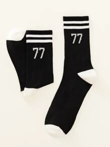 1 par de calcetines de media pantorrilla a rayas digitales negros para hombres, simples y de moda, para todas las estaciones - Negro - Ver 3