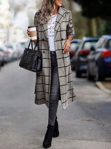 SHEIN Unity Plaid Lapel Collar Double Breasted Overcoat - Grey - View 5