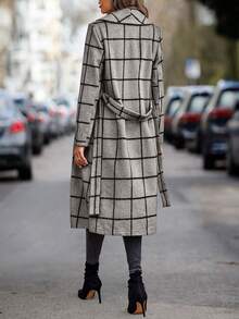 SHEIN Unity Plaid Lapel Collar Double Breasted Overcoat - Grey - View 2