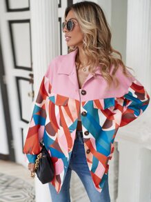 SHEIN Unity Geo Print Drop Shoulder Coat - Pink - View 3