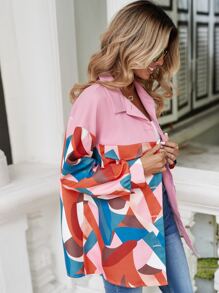 SHEIN Unity Geo Print Drop Shoulder Coat - Pink - View 6