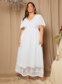 SHEIN Belle 大碼蝴蝶袖拼接蕾絲婚紗洋裝