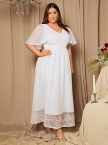 SHEIN Belle 大碼蝴蝶袖拼接蕾絲婚紗洋裝