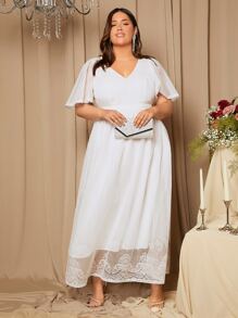 SHEIN Belle 大碼蝴蝶袖拼接蕾絲婚紗洋裝