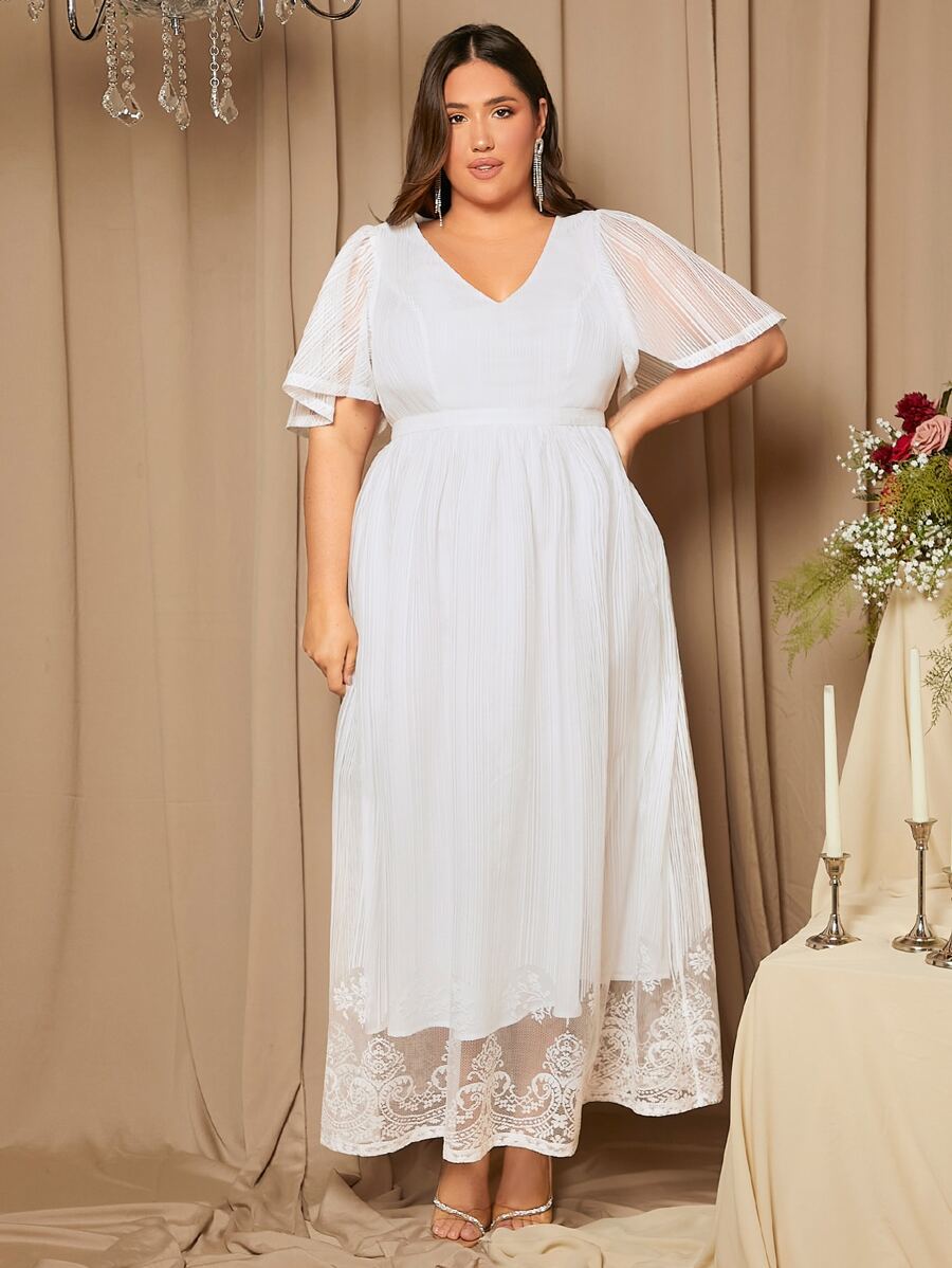 SHEIN Belle 大碼蝴蝶袖拼接蕾絲婚紗洋裝