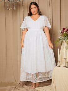 SHEIN Belle 大碼蝴蝶袖拼接蕾絲婚紗洋裝