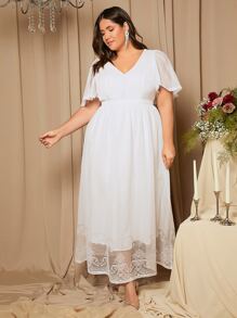 SHEIN Belle 大碼蝴蝶袖拼接蕾絲婚紗洋裝