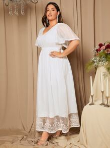 SHEIN Belle 大碼蝴蝶袖拼接蕾絲婚紗洋裝