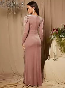 SHEIN Belle Gigot Sleeve Wrap Split Thigh Bridesmaid Dress Elegant Long Sleeve Dress - Dusty Pink - View 2