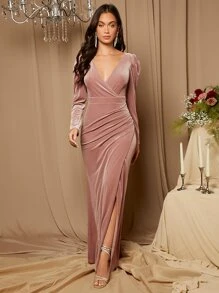 SHEIN Belle Gigot Sleeve Wrap Split Thigh Bridesmaid Dress Elegant Long Sleeve Dress - Dusty Pink - View 5