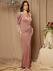 SHEIN Belle Gigot Sleeve Wrap Split Thigh Bridesmaid Dress Elegant Long Sleeve Dress - Dusty Pink - View 8