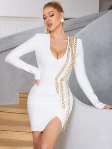 Chain Detail Split Hem Bandage Dress - White - View 5