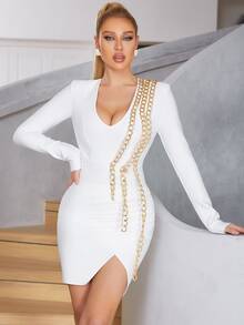 Chain Detail Split Hem Bandage Dress - White - View 8