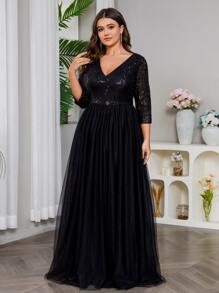 Plus Contrast Sequin Mesh Prom Dress - Black - View 7