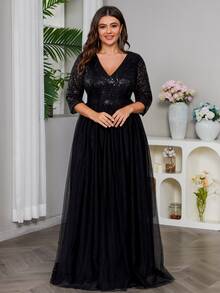Plus Contrast Sequin Mesh Prom Dress - Black - View 9