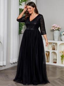Plus Contrast Sequin Mesh Prom Dress - Black - View 10