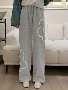 花卉圖案闊腿衛褲 - 灰色 - 查看 4