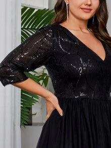 Plus Contrast Sequin Mesh Prom Dress - Black - View 6