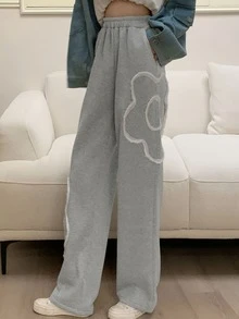 花卉圖案闊腿衛褲 - 灰色 - 查看 5