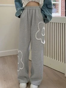 花卉圖案闊腿衛褲 - 灰色 - 查看 7