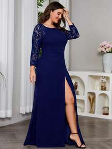 Plus Lace Panel Split Thigh Prom Dress