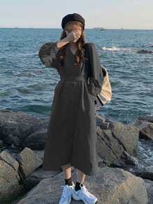 Solid Button Front Belted Dress - Dark Grey - View 1