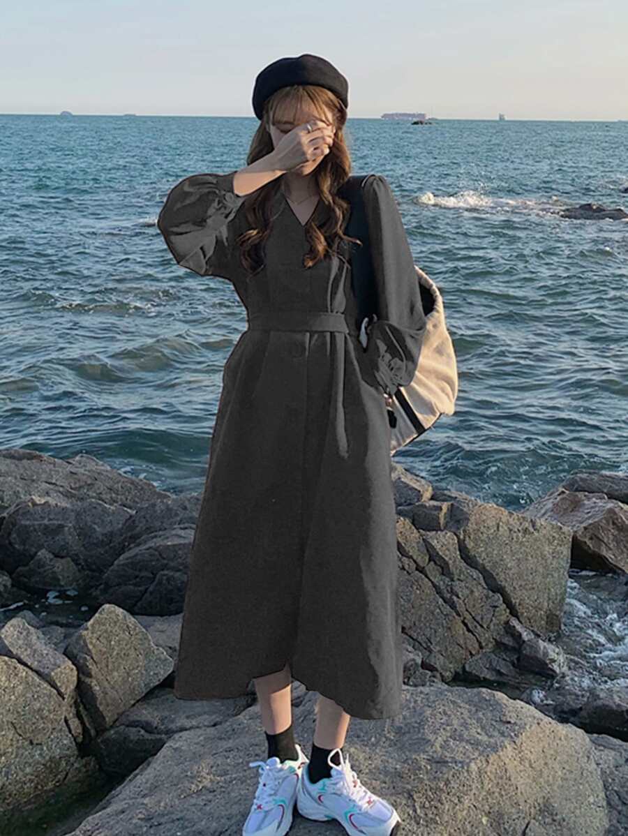 Solid Button Front Belted Dress - Dark Grey - View 1