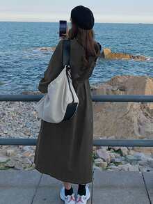 Solid Button Front Belted Dress - Dark Grey - View 2