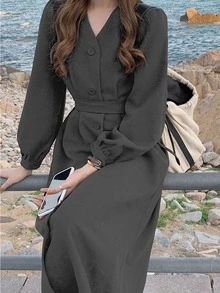 Solid Button Front Belted Dress - Dark Grey - View 3