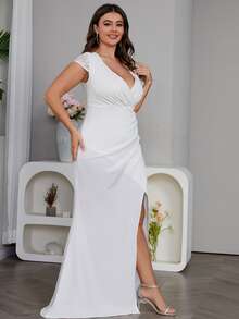 Plus Contrast Lace Wrap Hem Floor Length Wedding Dress - White - View 4