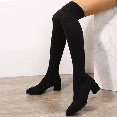Point Toe Chunky Heeled Sock Boots