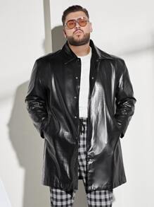 EASEVO 宽松男式斜口袋 PU 皮大衣 - 黑色 - 查看 1