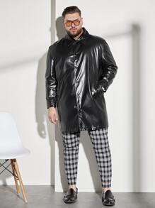 EASEVO 宽松男式斜口袋 PU 皮大衣 - 黑色 - 查看 3