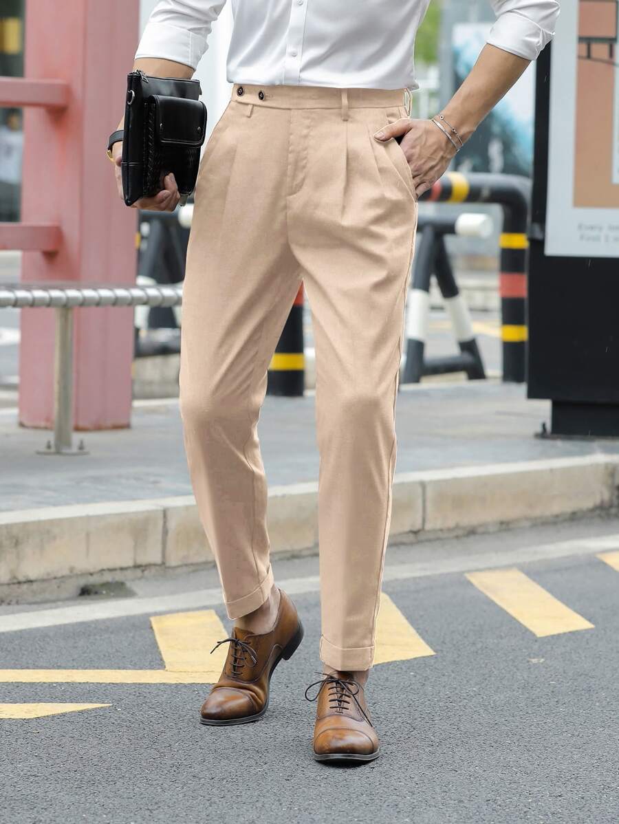 Manfinity Mode Men Fold Pleated Detail Slant Pocket Suit Trousers - Khaki - View 1