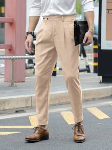 Manfinity Mode Men Fold Pleated Detail Slant Pocket Suit Trousers - Khaki - View 5