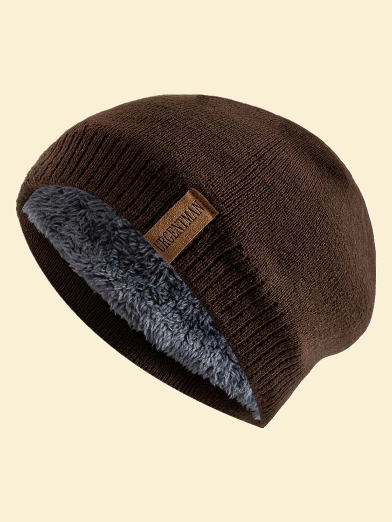 URGENTMAN 男士字母標籤補丁貼豆豆帽 - 咖啡棕 - 查看 1