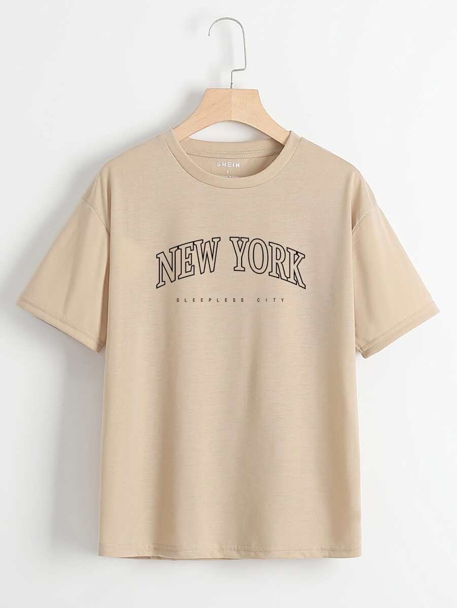 INAWLY 字母圖案小圓領T恤 - 卡其色 - 查看 1