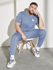 Manfinity Men Letter Graphic Patched Detail Tee & Joggers - Dusty Blue - View 3