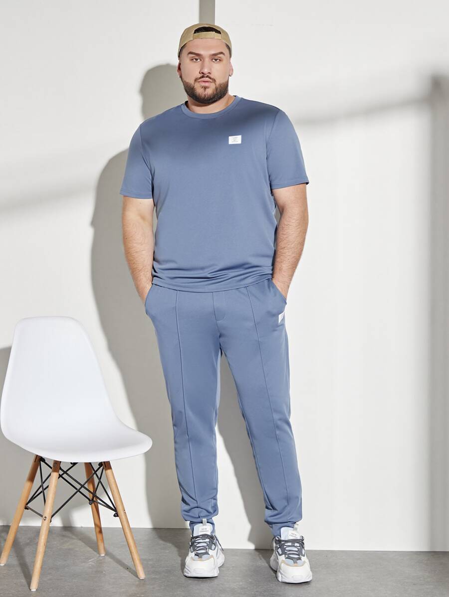 Manfinity Men Letter Graphic Patched Detail Tee & Joggers - Dusty Blue - View 1