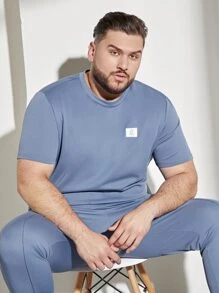 Manfinity Men Letter Graphic Patched Detail Tee & Joggers - Dusty Blue - View 6