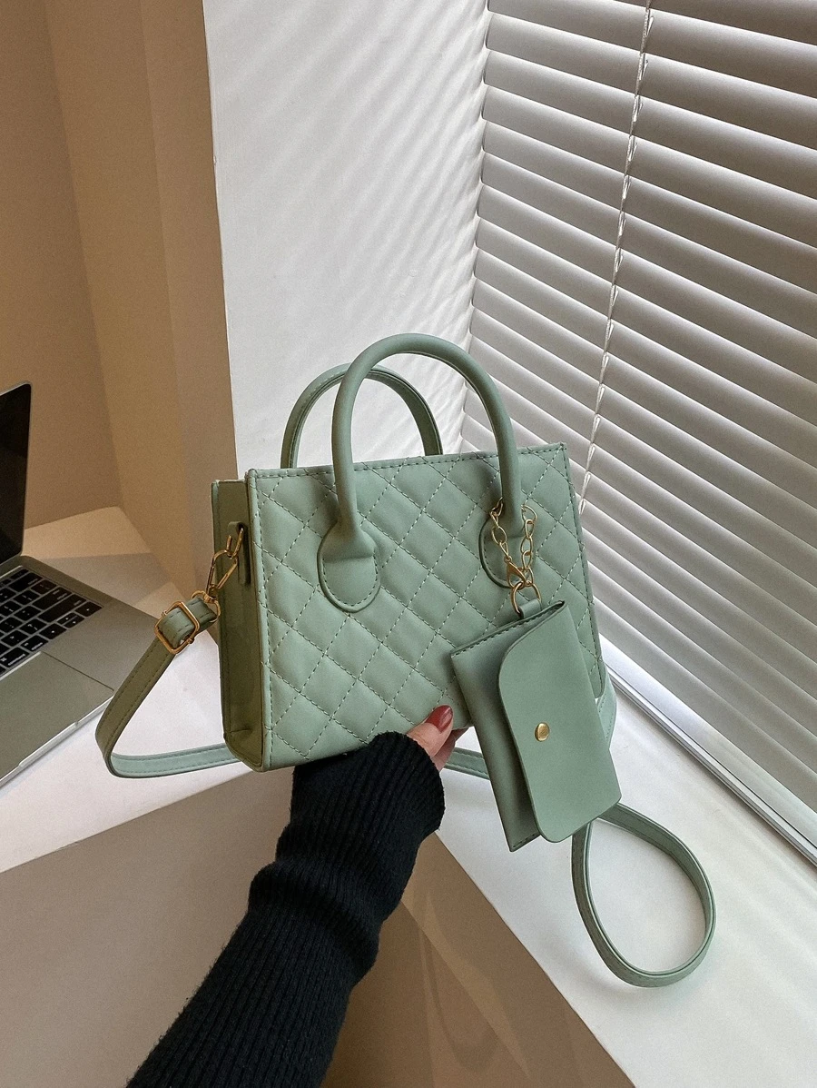 Quilted Square Bag With Small Pouch - Mint Green - View 1