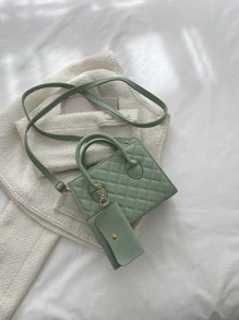 Quilted Square Bag With Small Pouch - Mint Green - View 2