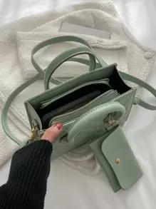 Quilted Square Bag With Small Pouch - Mint Green - View 4