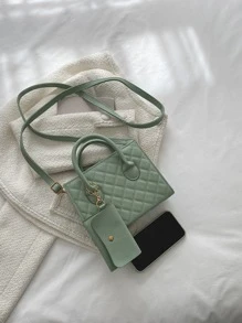 Quilted Square Bag With Small Pouch - Mint Green - View 5