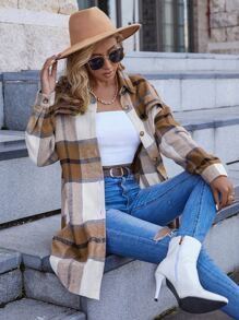 SHEIN LUNE Plaid Print Drop Shoulder Overcoat Fall Winter Cloth For Women - Multicolor - View 3