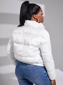 Slaydiva 拉链漏斗领加厚外套，女士深秋休闲拉链漏斗领常规版型白色纯色女士冬季外套，冬季保暖/冬季时尚 - 白色 - 查看 2