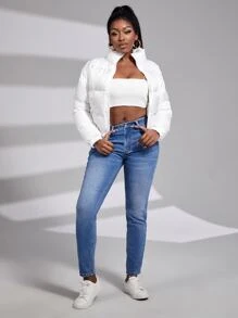 Slaydiva 拉链漏斗领加厚外套，女士深秋休闲拉链漏斗领常规版型白色纯色女士冬季外套，冬季保暖/冬季时尚 - 白色 - 查看 3