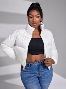 Slaydiva 拉链漏斗领加厚外套，女士深秋休闲拉链漏斗领常规版型白色纯色女士冬季外套，冬季保暖/冬季时尚 - 白色 - 查看 5