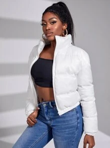 Slaydiva 拉链漏斗领加厚外套，女士深秋休闲拉链漏斗领常规版型白色纯色女士冬季外套，冬季保暖/冬季时尚 - 白色 - 查看 6